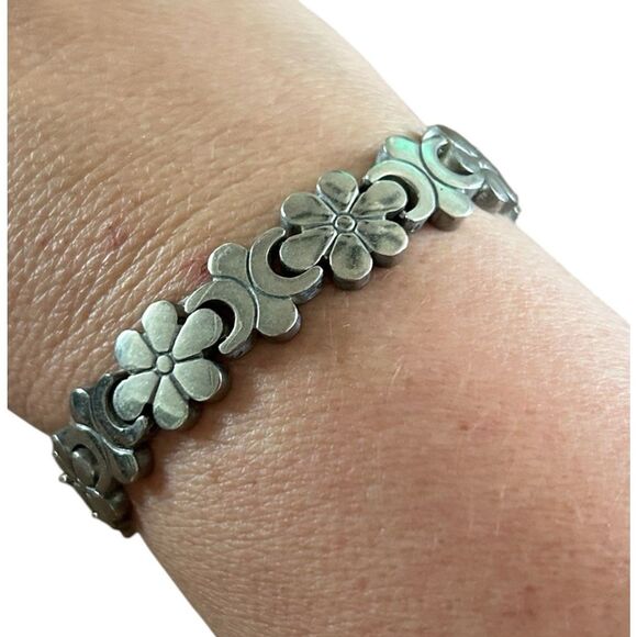 Taxco Mexico Sterling Silver Flower Floral Daisy Chain Link Bracelet Solid Heavy - Picture 5 of 8